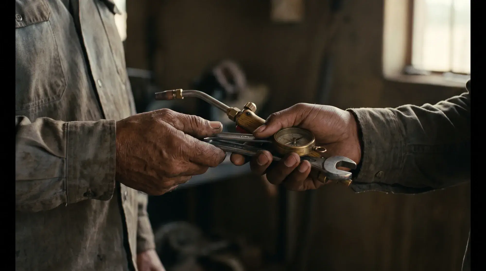 An older tradesman passing a wrench and torch into the hands of a younger one.