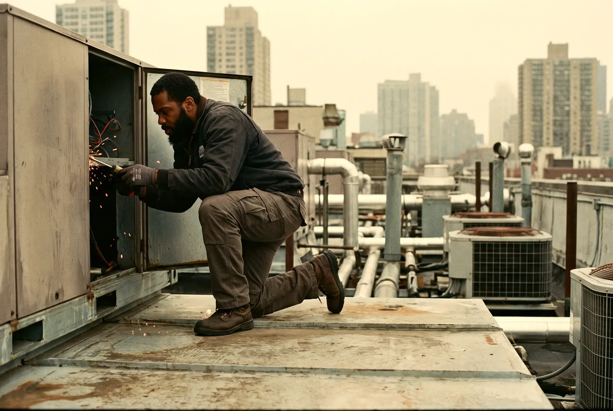 An HVAC technician working atop a commercial rooftop unit at golden hour, Texas skyline behind.