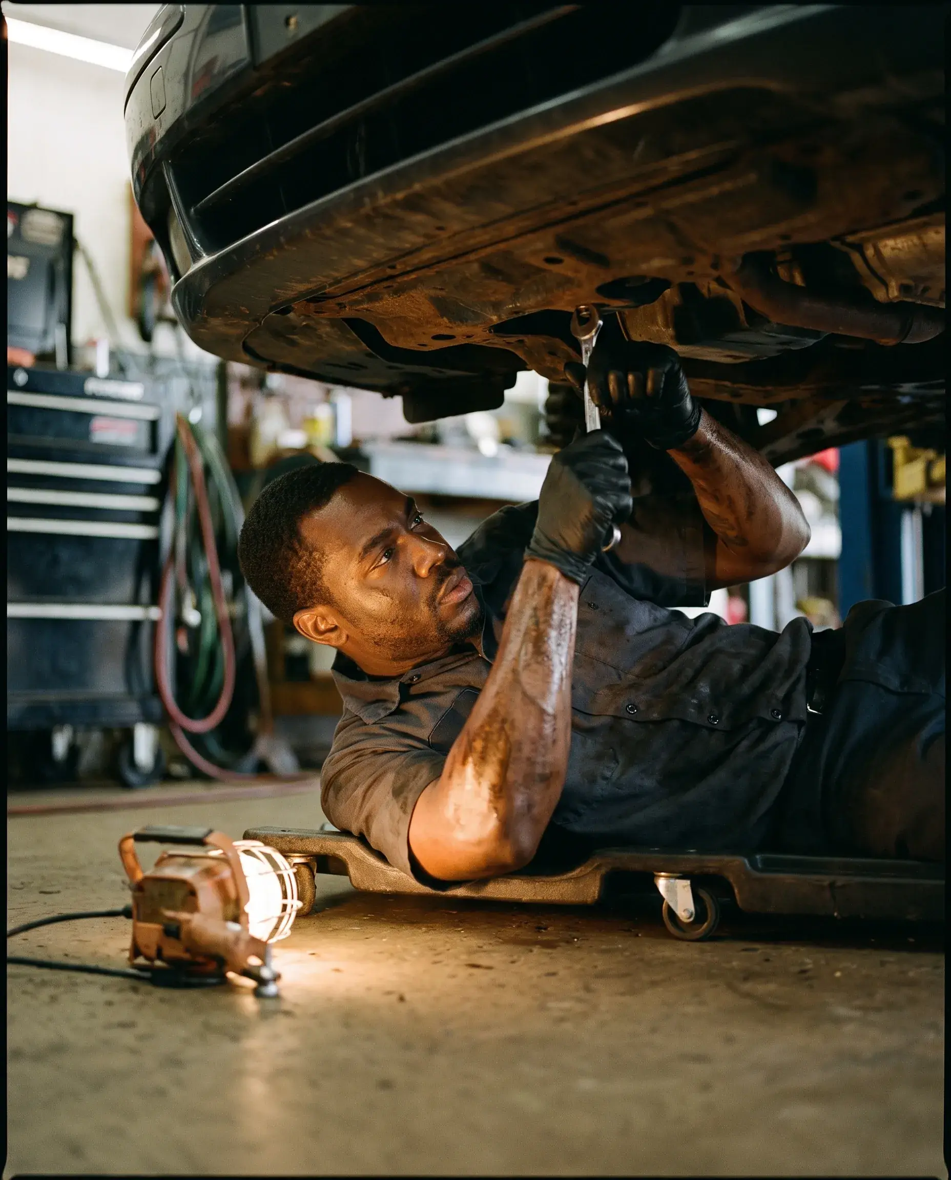 An auto technician working beneath a lifted vehicle, wrench in hand under a shop lamp.